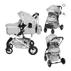 Kinder King 2 in 1 Convertible Baby Stroller, Folding High Landscape Infant Carriage, Newborn Reversible Bassinet Pram, Adjustable Canopy, Diaper Bag,