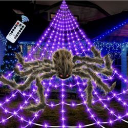 Halloween Spider Web Lights Giant Spider, 16.4Ft 450 LED Lighted Spider Web with with 8 Lighting Modes Waterproof & Timer for Indoor Outdoor House Hau