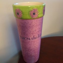 MARGIE's GARDEN TALL PURPLE & LIME GREEN FLORAL DESIGN.VASE OR PLANTER POT