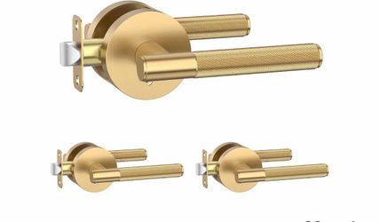 Amerdeco Gold Brushed Modern Privacy Door Lever, Round Rose, Adj Backset, Latch