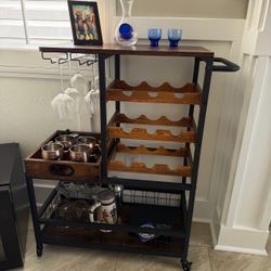Industrial Rolling Bar Cart with Wine Rack