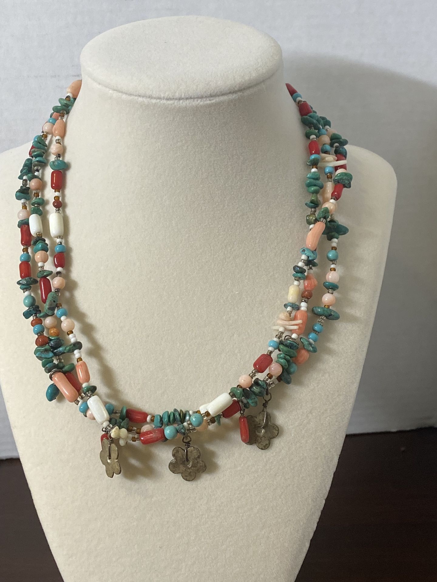Native American Tica Rosa 925 Beaded 3 Strand Necklace With 3 Small Silver Flower Charms N-2525