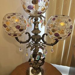 Vtg Nemo Glass Table Lamp, Czech, 5 Coin Dot Globes, Brass and Marble Cherub Stand, RARE Glass Globes