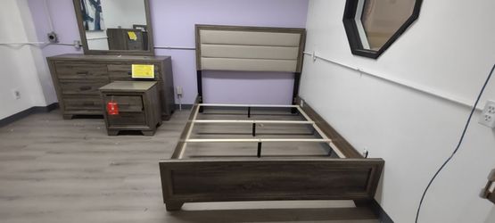 Four piece queen bedroom set with green bed frame dresser mirror and nightstand