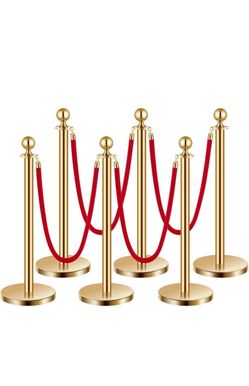 Set of 6 Gold Stanchion Posts with Red Velvet Ropes Set of 6