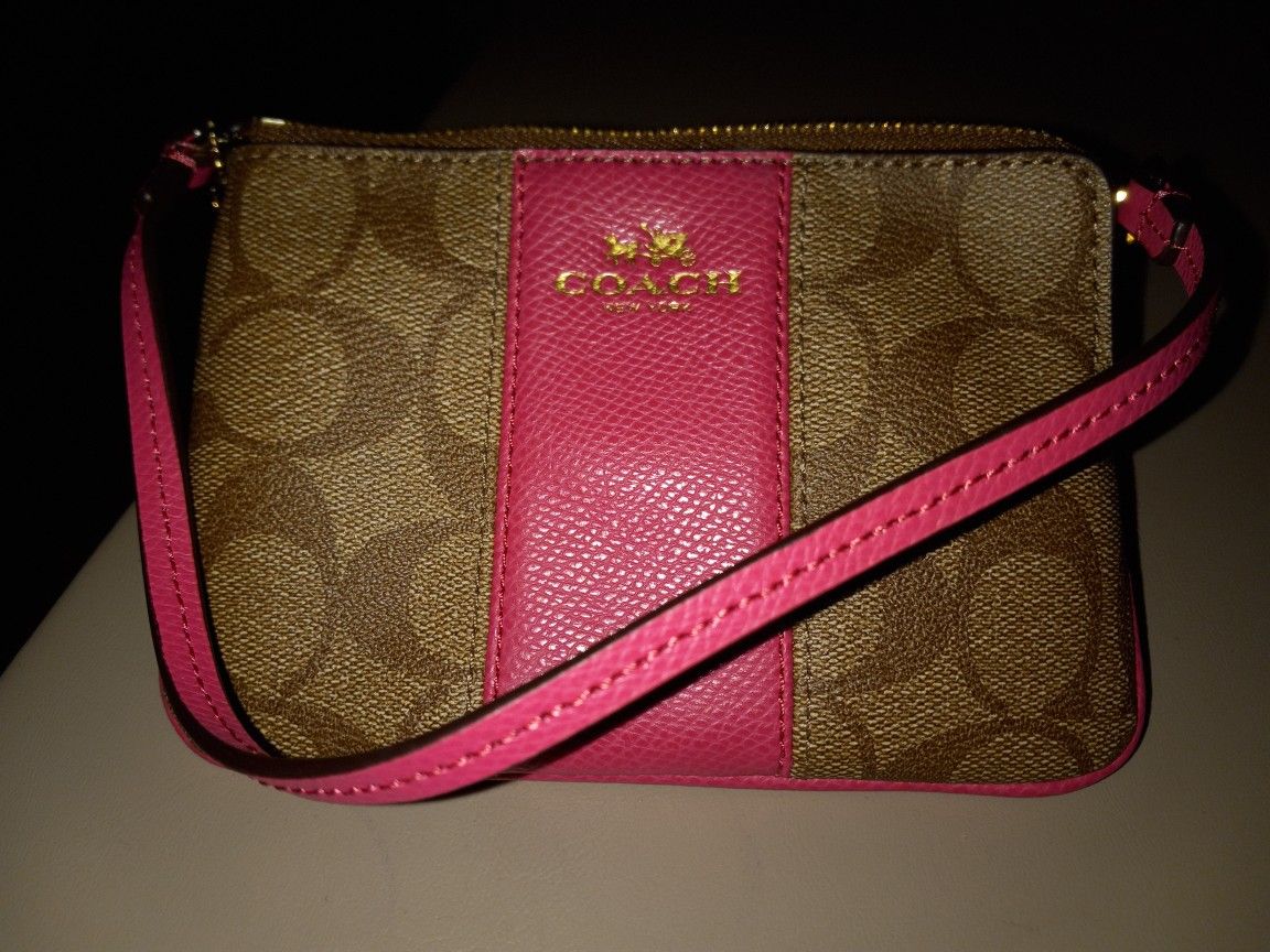 Coach Corner Zip Wristlet In Signature Coated Canva w/ Pink Colored Leather Stripe