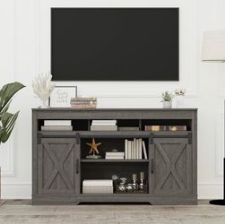 Farmhouse TV Stand for 65 inch TV Farmhouse Entertainment Center with Sliding Barn Doors Console Storage Cabinet for Living Room, Bedroom, White, 34 I