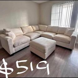 Beige Corduroy Sectional Sofa With Ottoman 99x99 