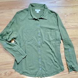 Style & Co Green V-Neck Roll Tab Long Sleeve Button-Down Shirt - L