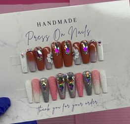Long square and long coffin press on nails acrylic flowers