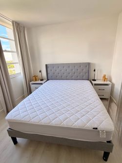 Queen Bed Frame with Tufted Headboard + mattress + side tables