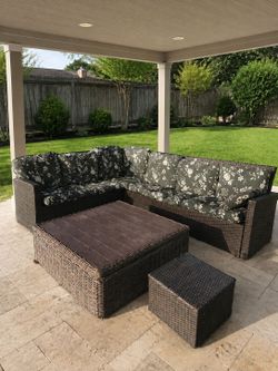 Large Outdoor Wicker Sectional Set with Floral Cushions & Lift-Top Storage Coffee Table