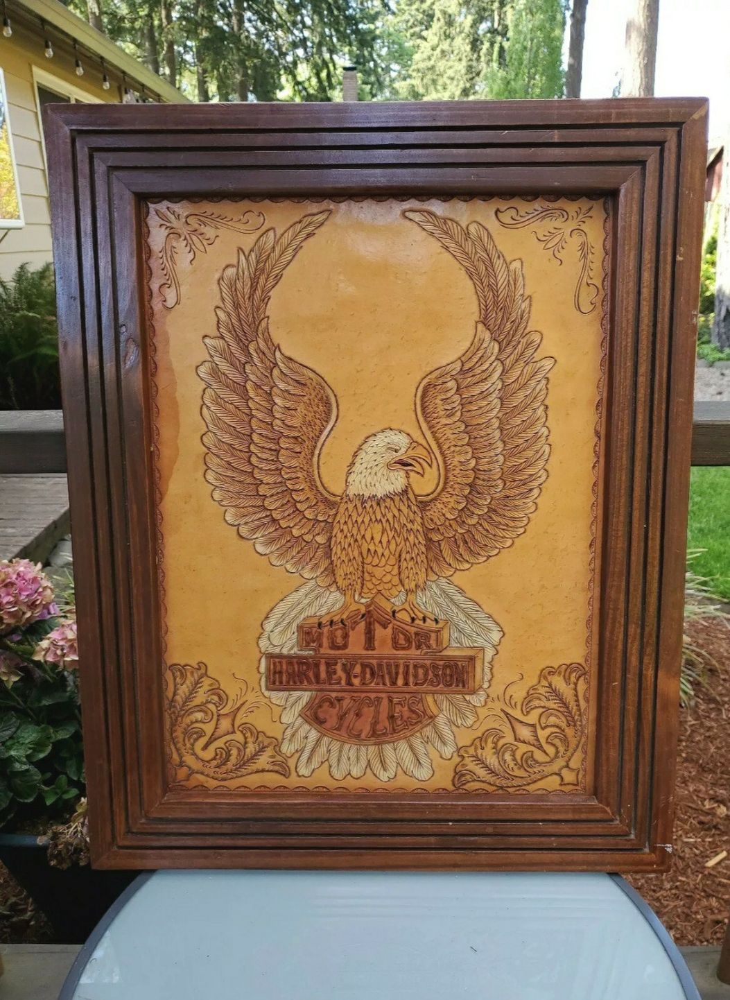 OOAK Vintage Harley Davidson Hand Tooled Leather Eagle Logo Framed Art