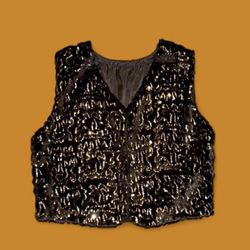 True 90s Vintage Gold Sequined Faux Fur Black Vest 