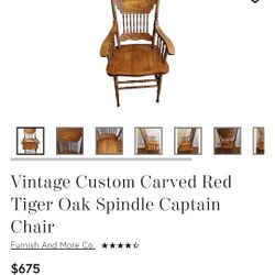 Vintage Custom Carved Red Tiger Oak Spindle Captain Chair