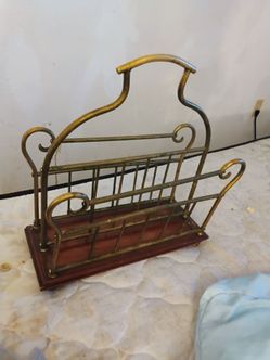 Antique Brass and Wood Magazine Rack