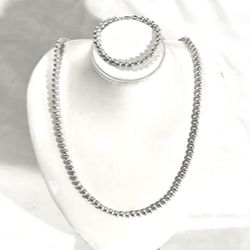 Vintage Never Worn .925 Silver 20” Bead, Strand Necklace With Matching 7” silver bead, strand bracelet with heart shaped pendant