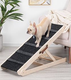 Wooden Adjustable Pet Ramp for All Dogs and Cats - Non Slip Carpet Surface and Foot Pads - 40" Long and Adjustable from 12” to 24” - Up to 200LBS - Fo