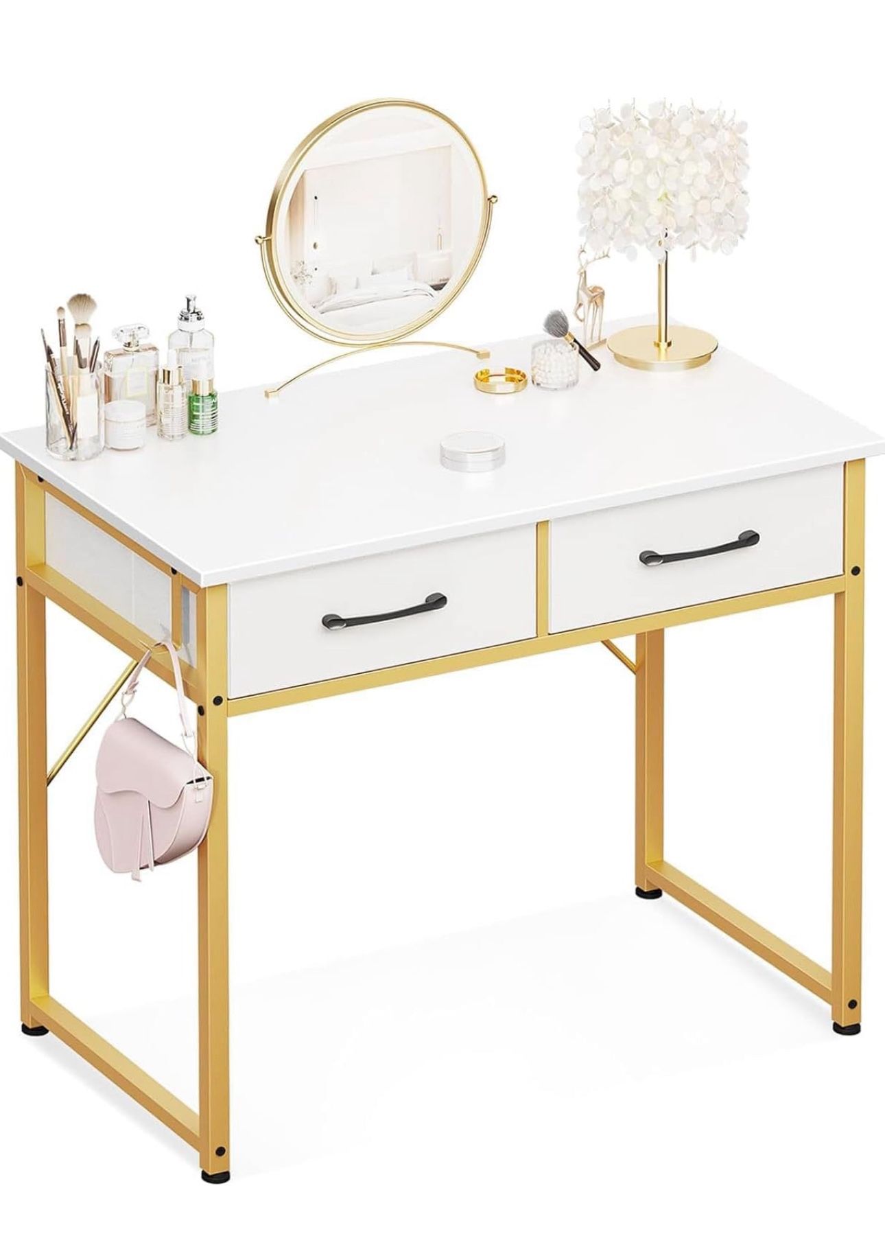 ODK Makeup Vanity Desk with 2 Fabirc Drawers, 32 Inch Small White Dressing Vanity Table with Versatile Hook for Bedroom Without Mirror, Desk Make Up f