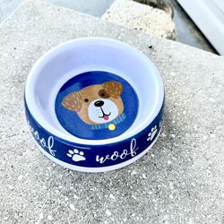 Cute Vintage  Dog Bowl with Cute Puppy Design Inside Bowl & WOOF written on outside
