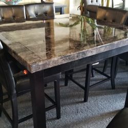Brand New Gray Faux Marble Counter High Dining Table (54"×54"×36") + 6 Brown Faux Leather Chairs