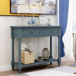 NEW. Blue. Sideboard Console Sofa Table Side Desk Entryway Hall Accent Table with Storage Drawers & Bottom Shelf