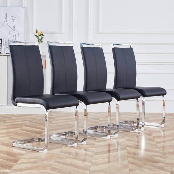 Set of 4 - Black Modern PU Leather High Back Dining Chairs w/ Chrome C-shaped Metal Legs [NEW IN BOX]  **Assembly Required**