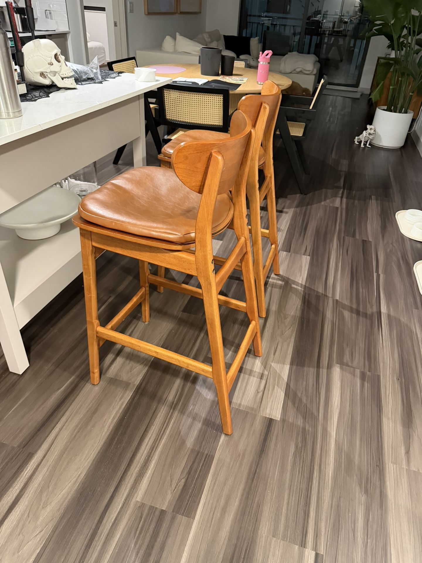 Mid Century Bar Stools With Leather Cushion 