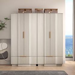 Brafab Fluted Armoire Wardrobe with Hanging Rod,Wooden Storage Closet Freestanding Spare Closet Organizer Tall Cabinet for Coats and Clothes