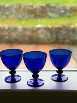 Vintage Cobalt Blue Glass Goblets - Set of 3 - Mid-Century Desert Sunday Glasses