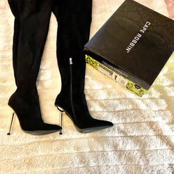 Black Suede Thigh High Heel Boots