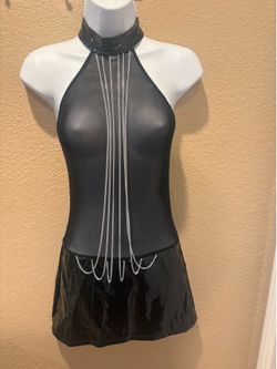 iEFiEL Black Mesh Halter Chain Wet Look Mini Dress Size Small Goth Clubwear
