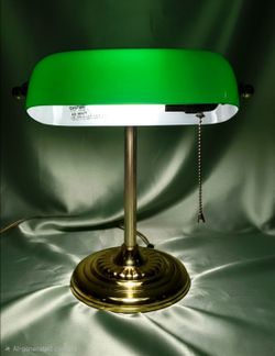 Ministerial Lamp Made In Italy,1950. Made of Machine Brass And Green Glass 14.5"