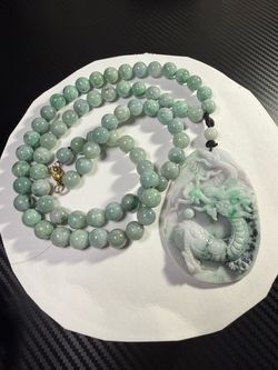 Jade Bead Necklace with Carved Dragon Pendant