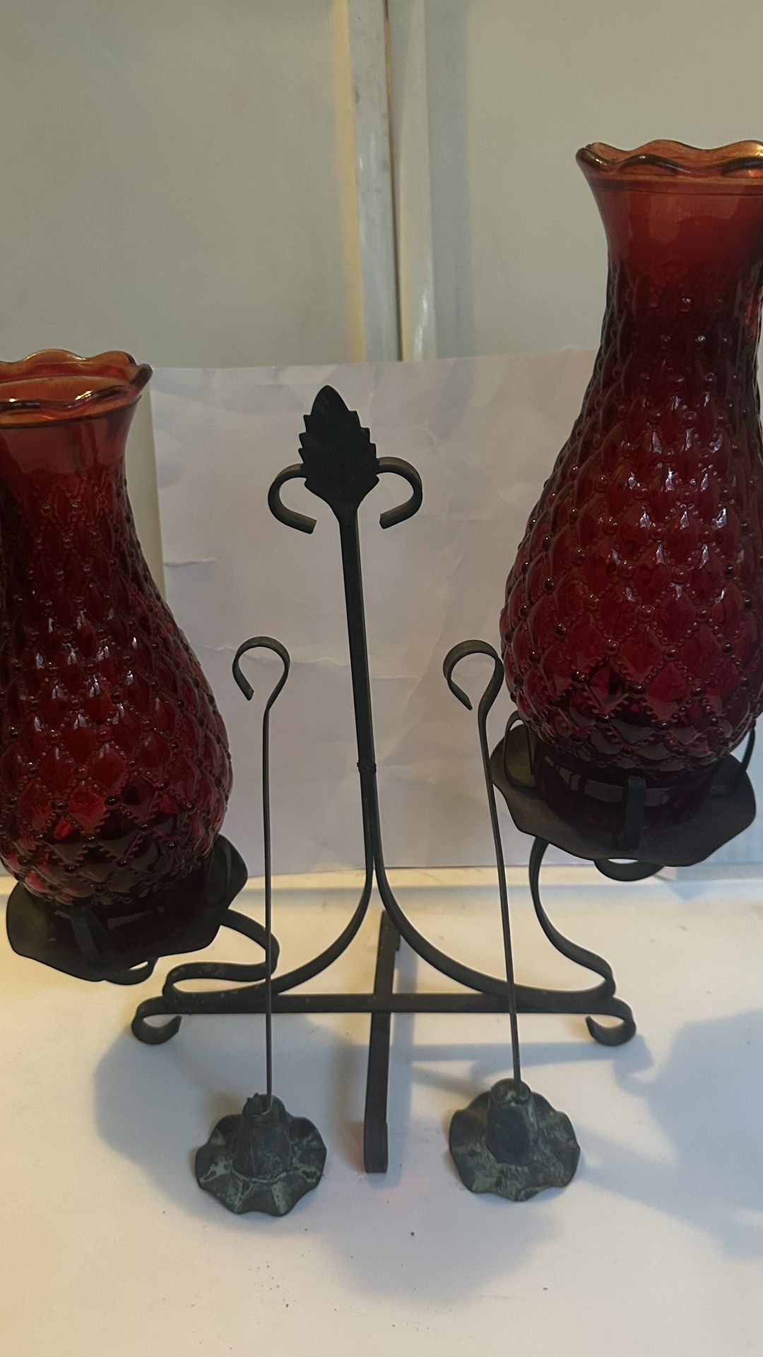 VINTAGE DOBLE BRASS TABLE CANDLE HOLDER CRANBERRY RED 16” GLASS