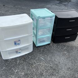 $30 for all 3! Three 3 Drawer Plastic Storage Bin Container Chests! Green one has wheels. 