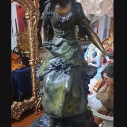 Antique Very Heavy Solid Bronze Moreau Statue Signed And Stamped  Marble Base 