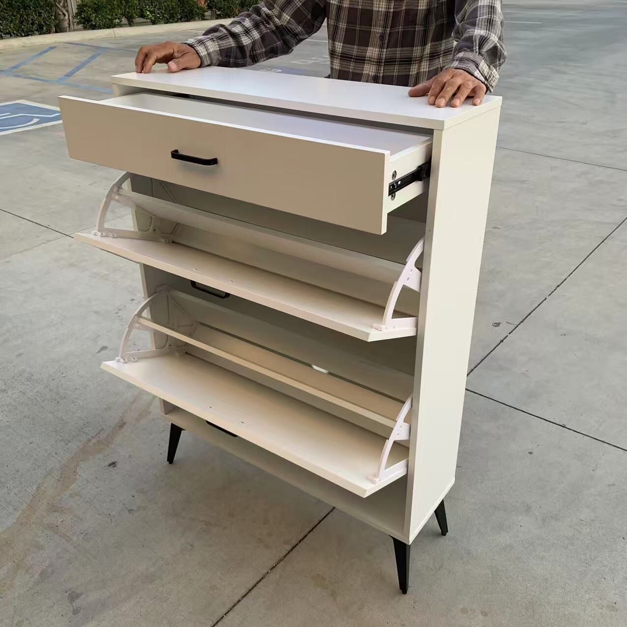 New In Box 32x10x44 Inch Tall Shoe Storage Shelf White Cabinet With Double Fold Down Drawer