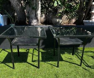 Crate & Barrel Black Iron Outdoor Side Tables with Glass Tops (Set of 2)