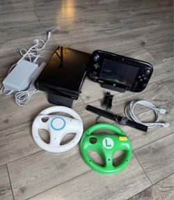 Nintendo Wii U Deluxe 32GB Black Console GamePad Bundle Cables 2 Racing Wheels