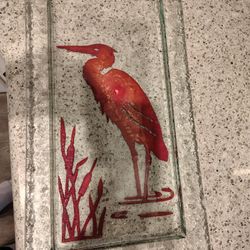 Vintage 2000 Charlton Glass Infused w/Copper Crane Glass Tray Signed By Artist