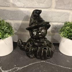 Black Halloween Cat & Pumpkin Decor - can add light or candle - Simi Valley
