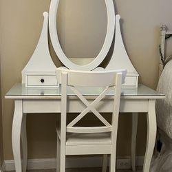 Makeup Table With Glass Top, 3 Drawers, Matching Mirror And Chair