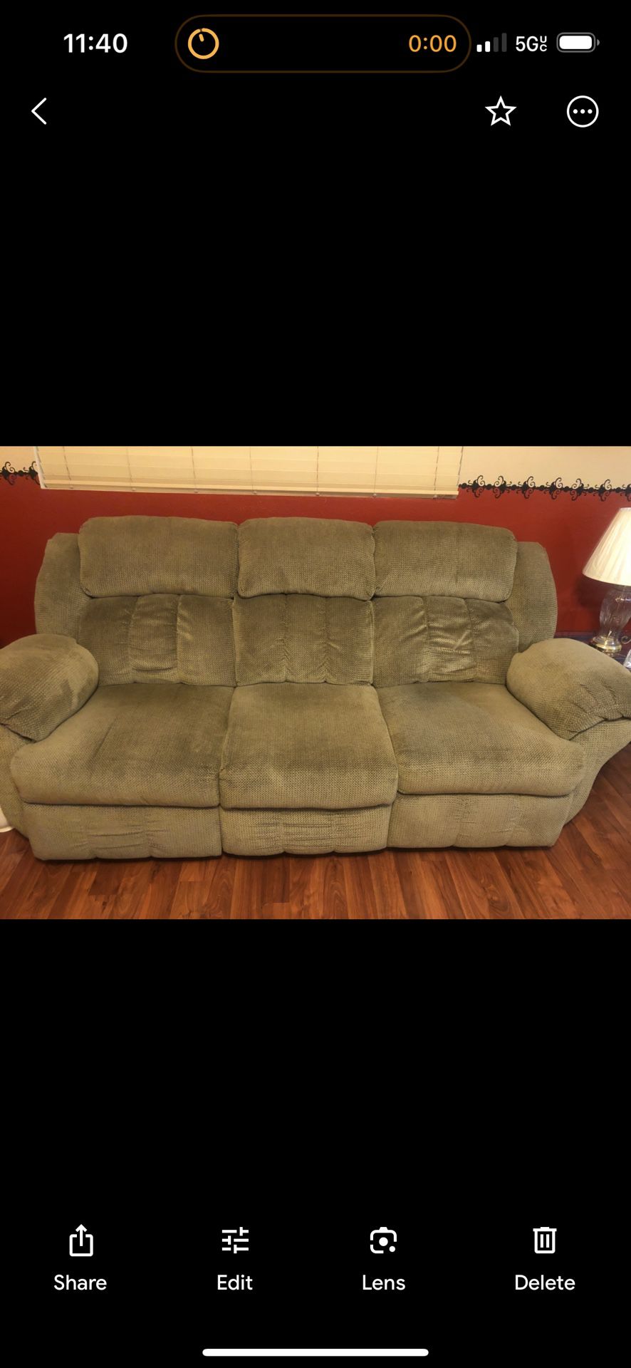 Green Recliner Couch. -Good Condition