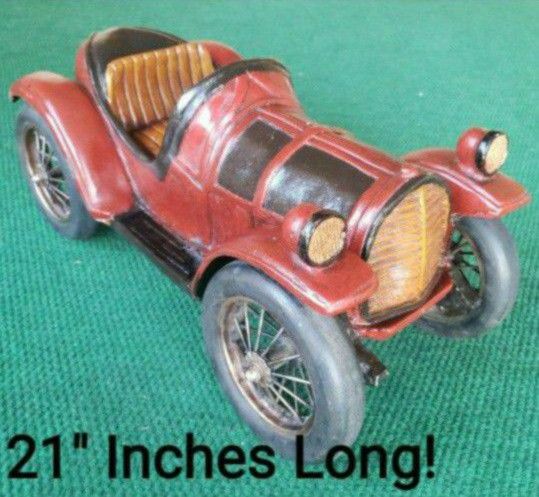 Beautiful LARGE Decorative  Vintage Wooden Carved Black Red Roadster  CAR DECOR 21" Long!
