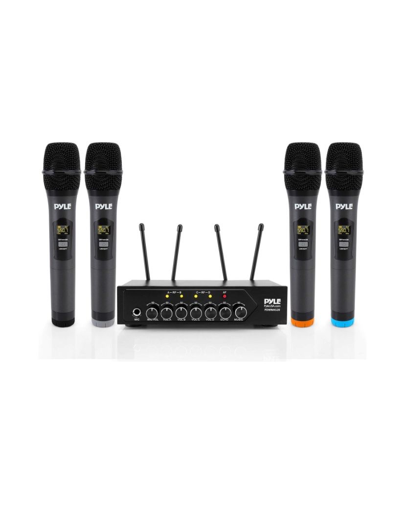 Pyle Portable UHF Wireless Microphone System - Battery Operated Four Bluetooth Cordless Microphone Set