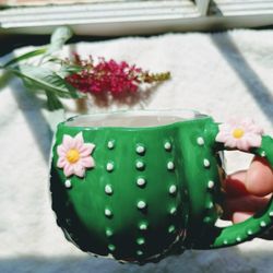 Cute Core ceramic cactus coffee mug w pink flowers, coffee cup, mug love