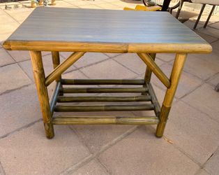 Rustic Country Cabin Farmhouse Accent End Side Table w/ Shelf Green Brown Faux Bamboo Wood Design
