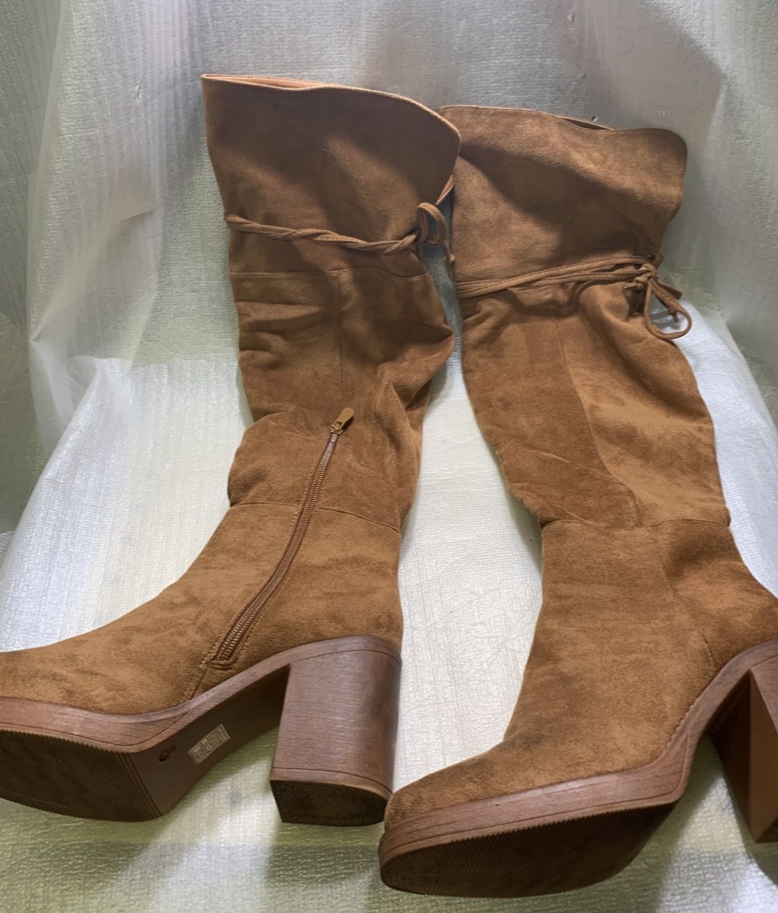 Over-the-Knee Tan Suede Block Heel Boots Size 9, Style “Riley,” Tie Detail