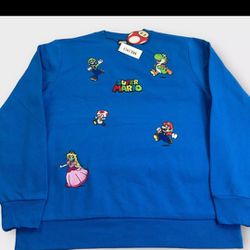 Super Mario Allover Print Embroidered Characters Sweatshirt Royal Blue Large 